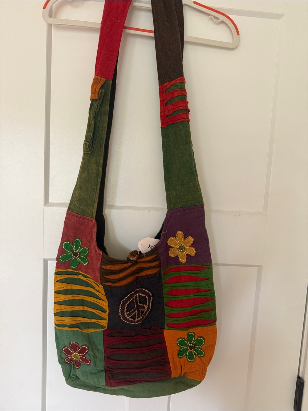 Colorful Patchwork Shoulder Bag with Floral & Peace Motif - Unbranded